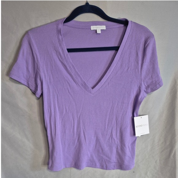 Beyond Yoga Women's Rib V-Neck Short Sleeve Crop Top, Purple Lavender, Medium - Picture 1 of 3